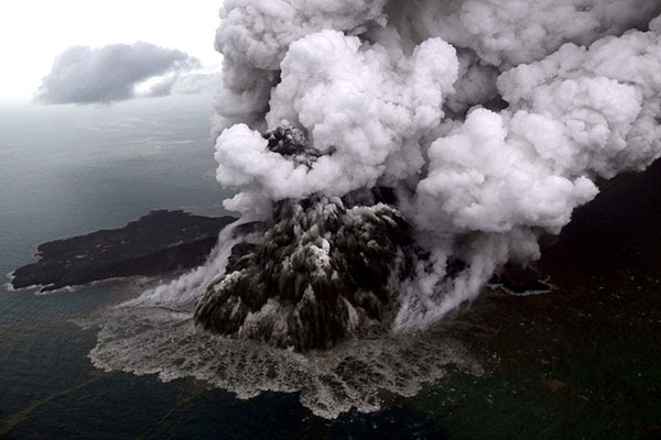 An aerial view of Anak Krakatau volcano during an eruption at Sunda strait in South Lampung, Indonesia.