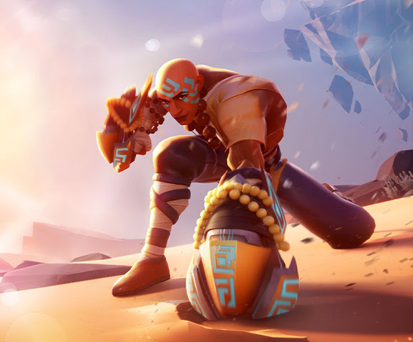 A Dauntless character wearing a pair of Aether Striker gauntlets strikes a three-point landing pose in a desert.