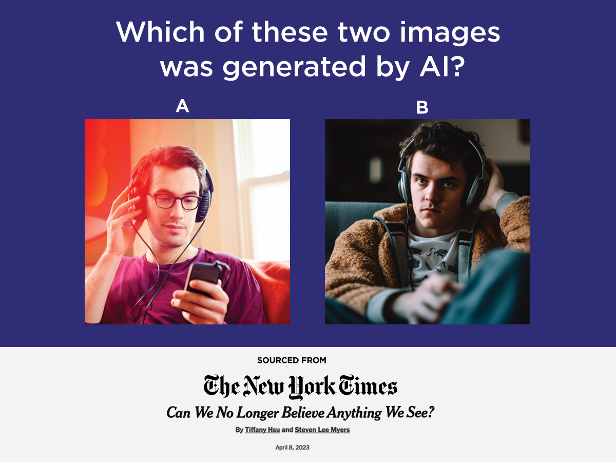 "Which of these two images was generated by AI" both images show a man with light skin listening to music wearing over the ear headphones
