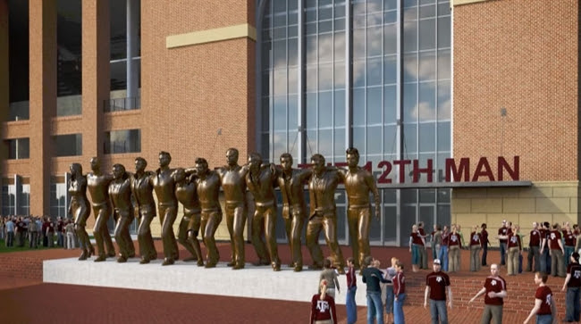 The leaning cross in this sculpture represents how only simple faith is required to make that connection; New Monuments Unveiled Outside Kyle Field Kagstv Com