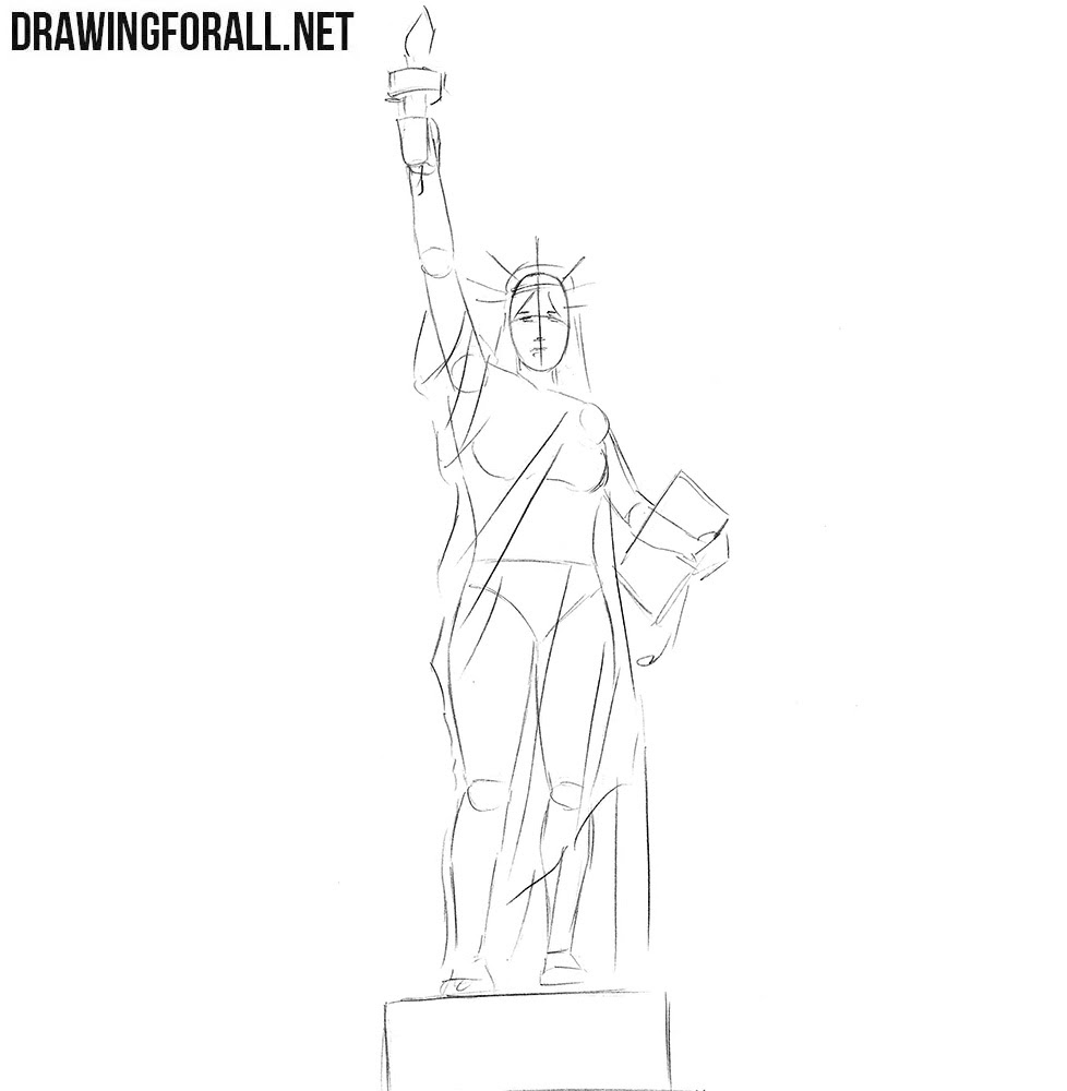 Even with the horizon, use four straight lines to draw a narrow horizontal rectangle. How To Draw The Statue Of Liberty