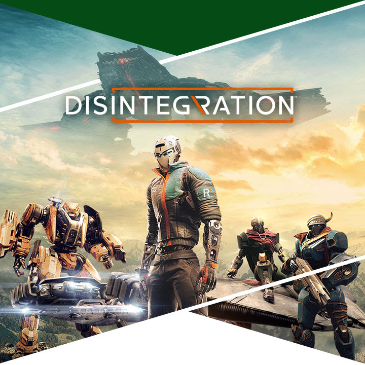 Key art from Disintegration showing a cast of in-game characters around a hovering Gravcycle