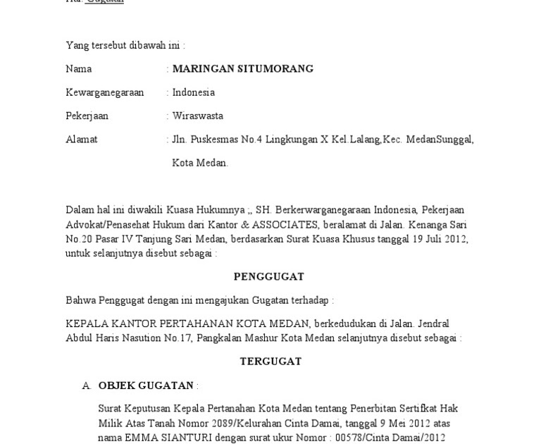 Contoh Surat Gugatan Peradilan Tata Usaha Negara