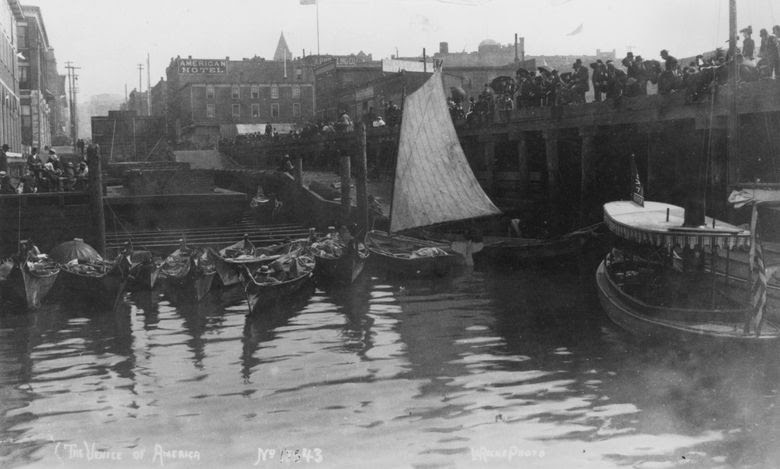 Indigenous dugout canoes dock at the foot of Washington Street in Seattle, circa 1891. Washington Street served as an early workers’ hub. Indigenous and Chinese labor networks converged in one shared space within Seattle’s south end. Wa Chong’s main building was located just two blocks east of this waterfront location. (University of Washington Libraries, Special Collections, NA 897)