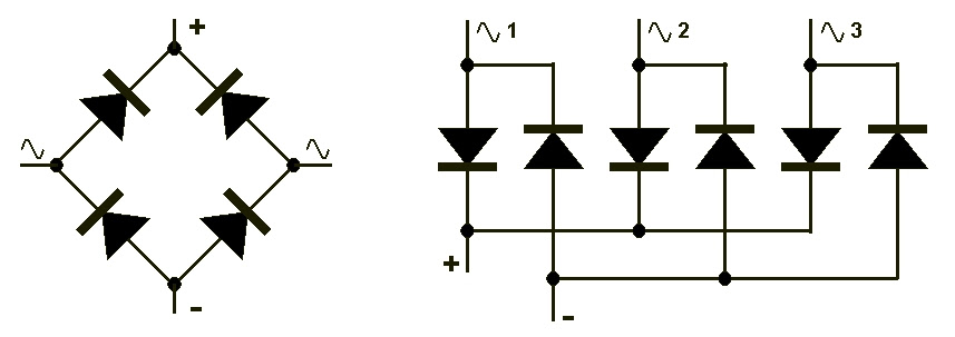 Pont de diodes biphasé et triphasé