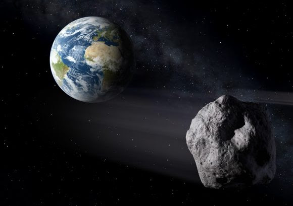 An artist's conception of an asteroid passing near the Earth. NASA is getting better at spotting them and giving us advance warning of their approach. Image credit: ESA.