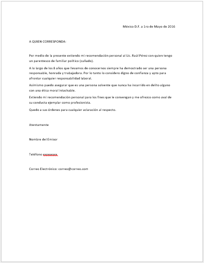 Carta De Recomendacion Personal Formato - q Carta De