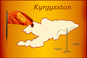 Outline map of Kyrgyzstan, the country's flag, and a faded view of scales.