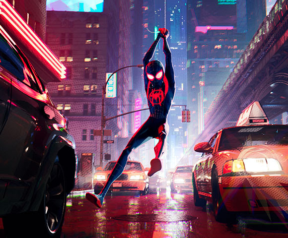 Miles Morales flying through the city while wearing the Spiderman costume.