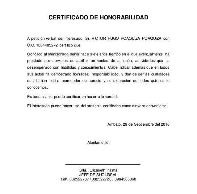 Certificado De Honorabilidad Modelo 2017 - Sample Site l