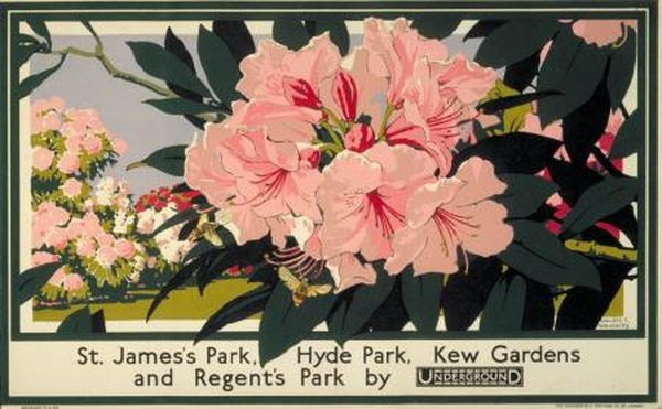 Floral poster promoting St James's Park, Hyde Park, Kew Gardens and Regent's Park by Underground