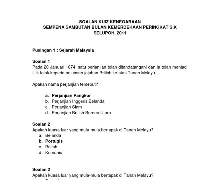 Contoh Soalan Kuiz Kemerdekaan Dan Jawapan - Soalan bk