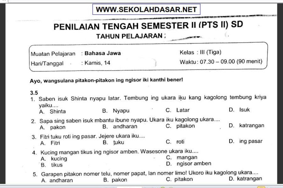 Soal Uts Kls 3 Sd Smt 2 Kurikulum 13 - Contoh Soal Uts Kelas 3 Sd