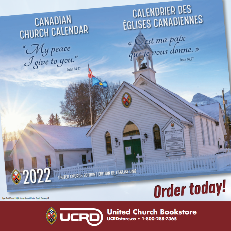 Photo of the 2022 church calendar, featuring a white church on a snowy day.