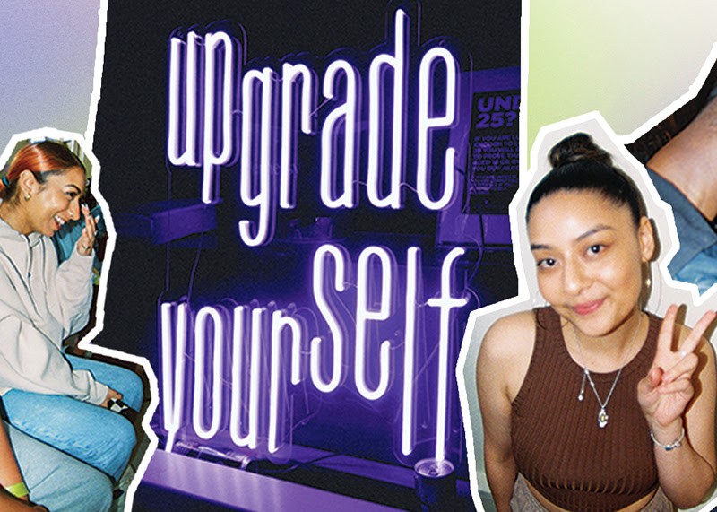 A collage made up of film photos of young people enjoying themselves at Upgrade Yourself Festival. At the centre is a photo of a purple UV sign which reads UPGRADE YOURSELF