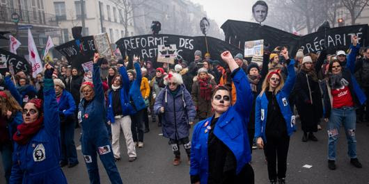 Paris, France, January 19, 2023: Inter-union demonstration against the pension reform project between the Place de la Republique and the Place de la Nation. Paris, France le 19 janvier 2023 : Manifestation intersyndicale contre le projet de reforme des retraites entre la place de la Republique et la place de la Nation.