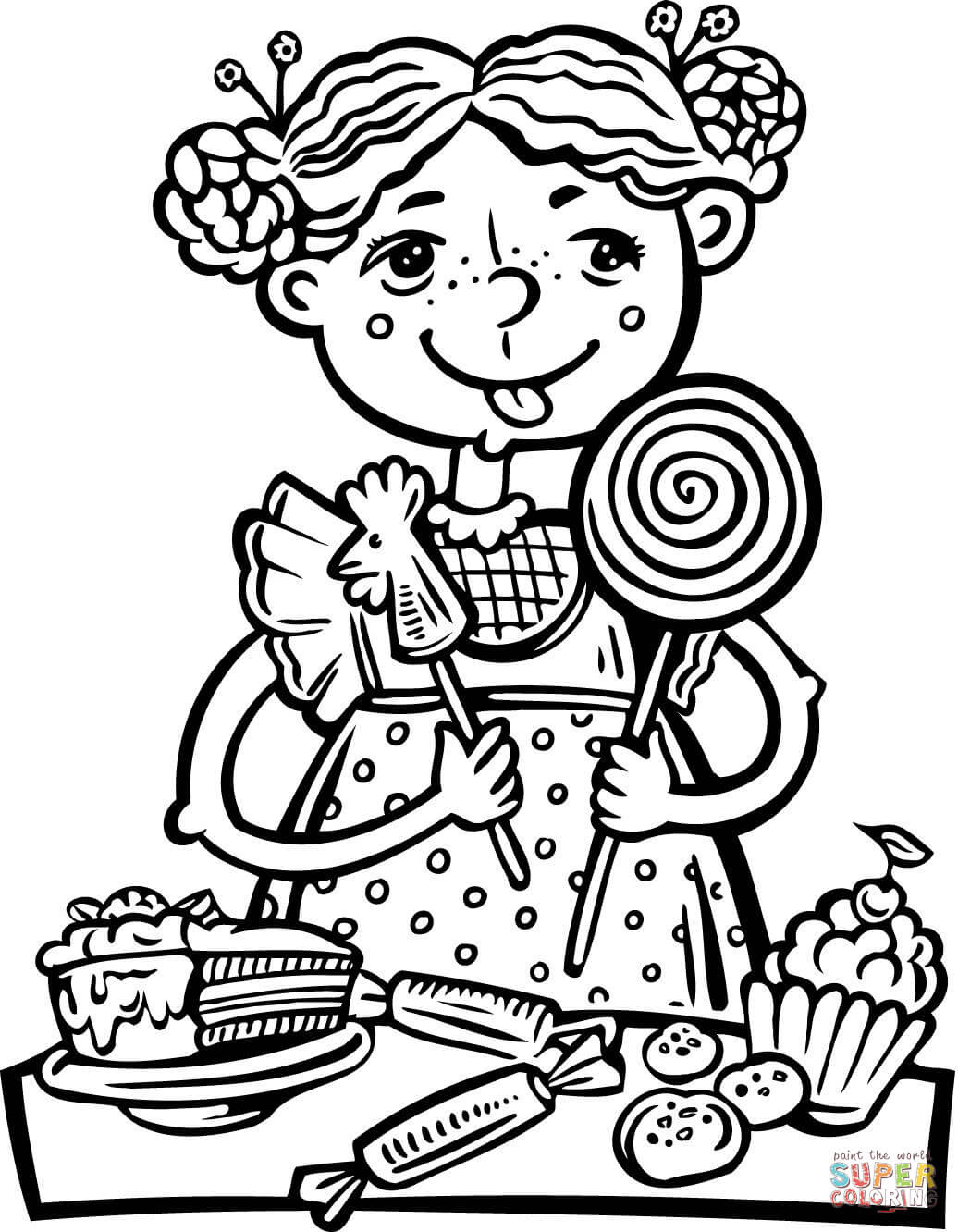 It is difficult to find people who do not like candies. Girl Eating A Lot Of Candy And Snacks Coloring Page Free Printable Coloring Pages