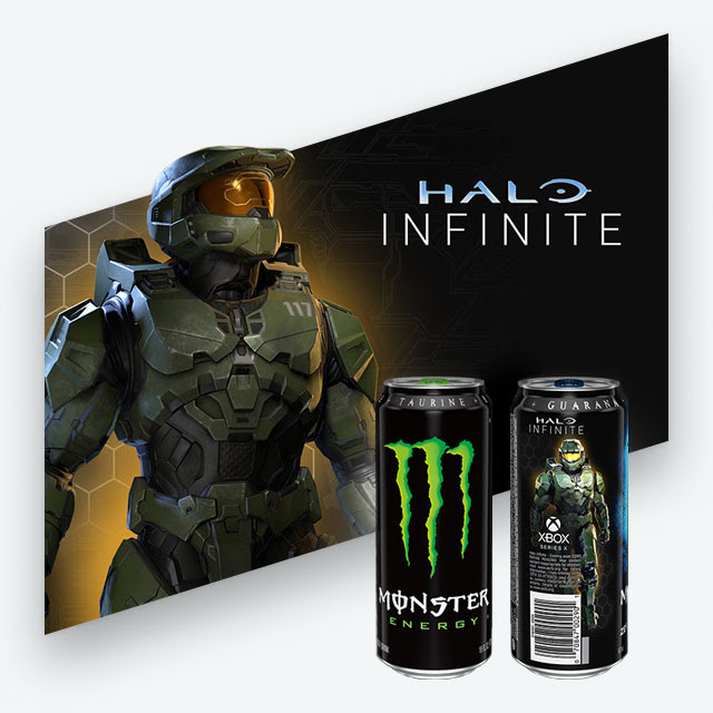 Halo Infinite key art featuring the Master Chief behind two cans of Monster Energy drink, one featuring the Master Chief on the can