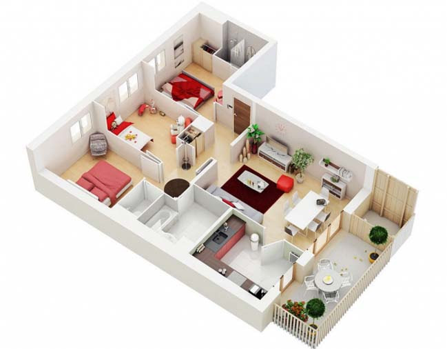 This flat design floor plan sample shows layout of furniture, kitchen equipment and bathroom appliance. 17 Three Bedroom House Floor Plans