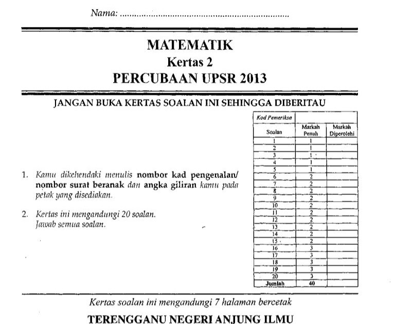 Soalan Matematik Tahun 6 Percubaan Upsr - Contoh 290917