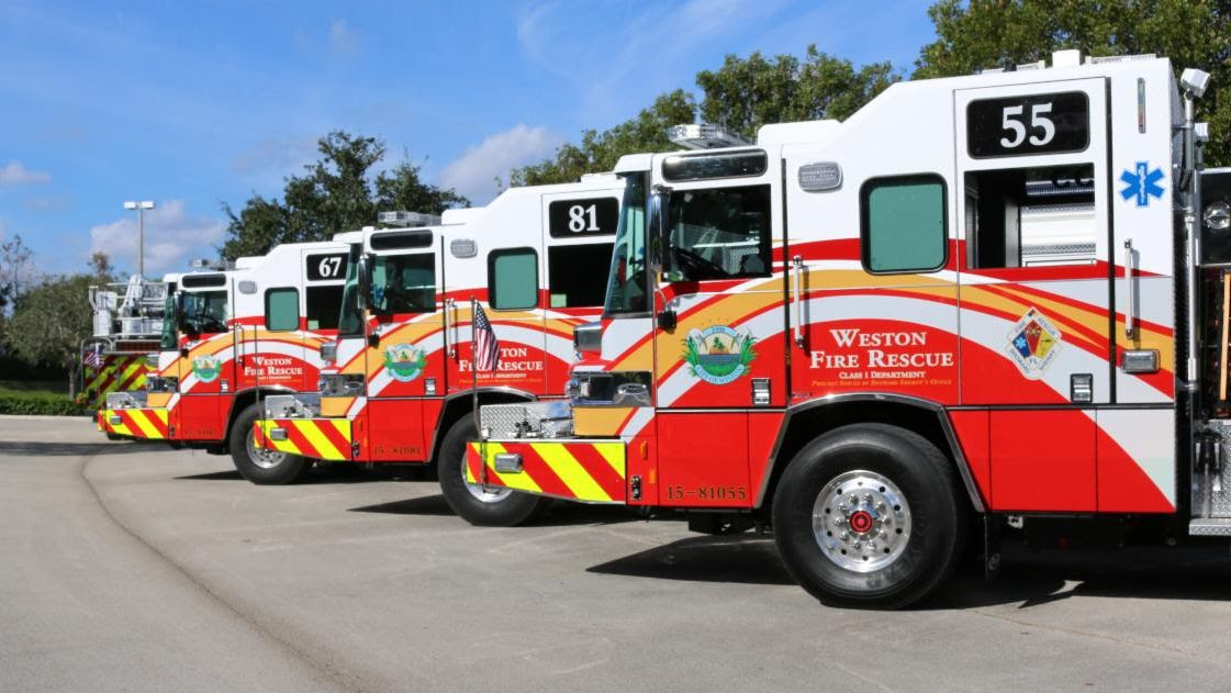 BSO Weston Fire Rescue trucks lined up in a row.