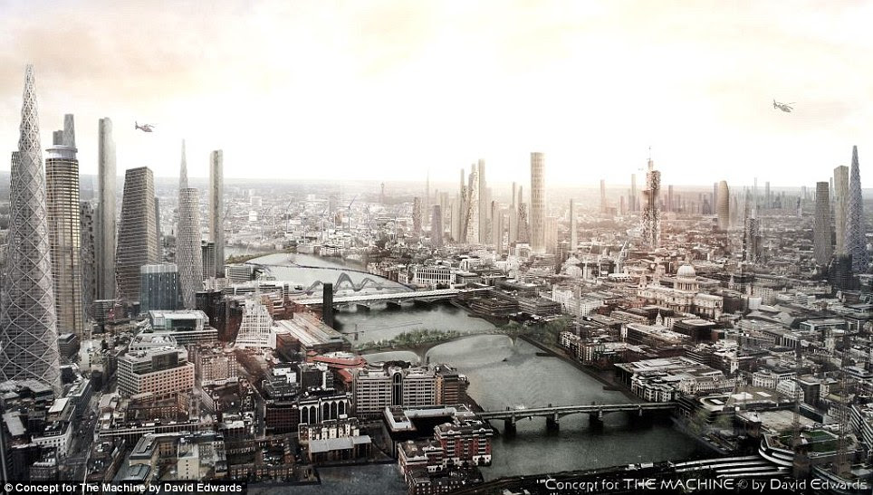 Following reports London is set to get a staggering 250 new high rises and skyscrapers over the next decade, a British architect has created his own vision of the capital's future, pictured. In David Edwards' concept designs, wind turbines are built on the Thames, Waterloo Bridge is transformed into a garden and The Shard is upstaged by a series of pointed skyscrapers all over the city
