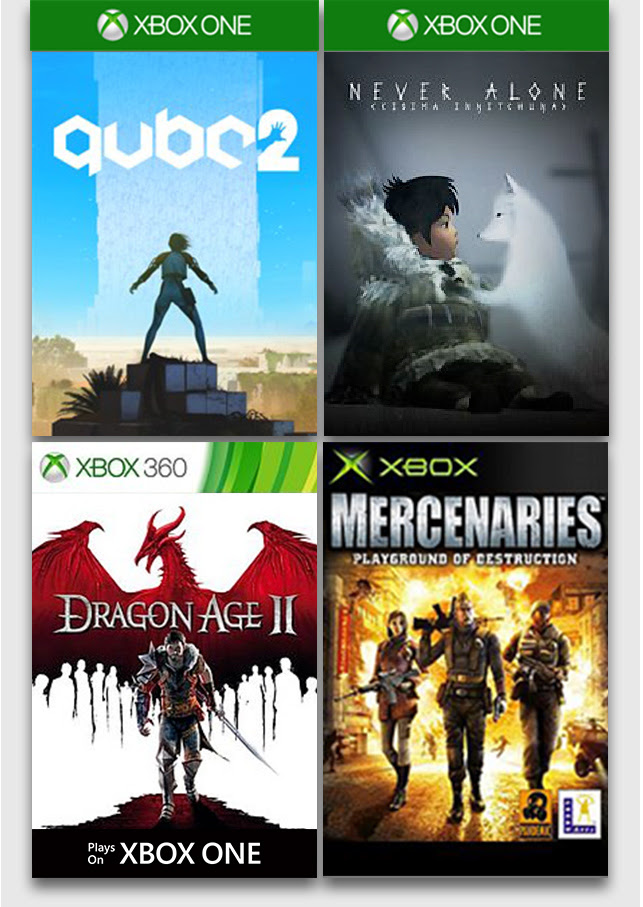 Q.U.B.E. 2, Never Alone, Dragon Age 2, and Mercenaries: Playground of Destruction game boxes.
