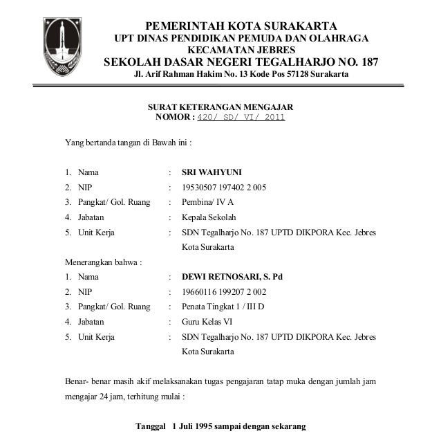 Surat Pernyataan Kepala Sekolah Guru Mengajar Di Sekolah ...