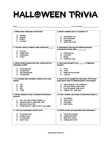 Printable trivia questions and answers. Halloween Trivia Game Free Printable
