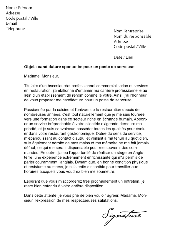 Lettre De Motivation Serveuse Restaurant Debutant