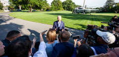 President Joe Biden speaks to reporters before boarding Marine One en route to Camp David for the Memorial Day weekend. (Photo by Allison Bailey/NurPhoto) (Photo by Allison Bailey / NurPhoto / NurPhoto via AFP)