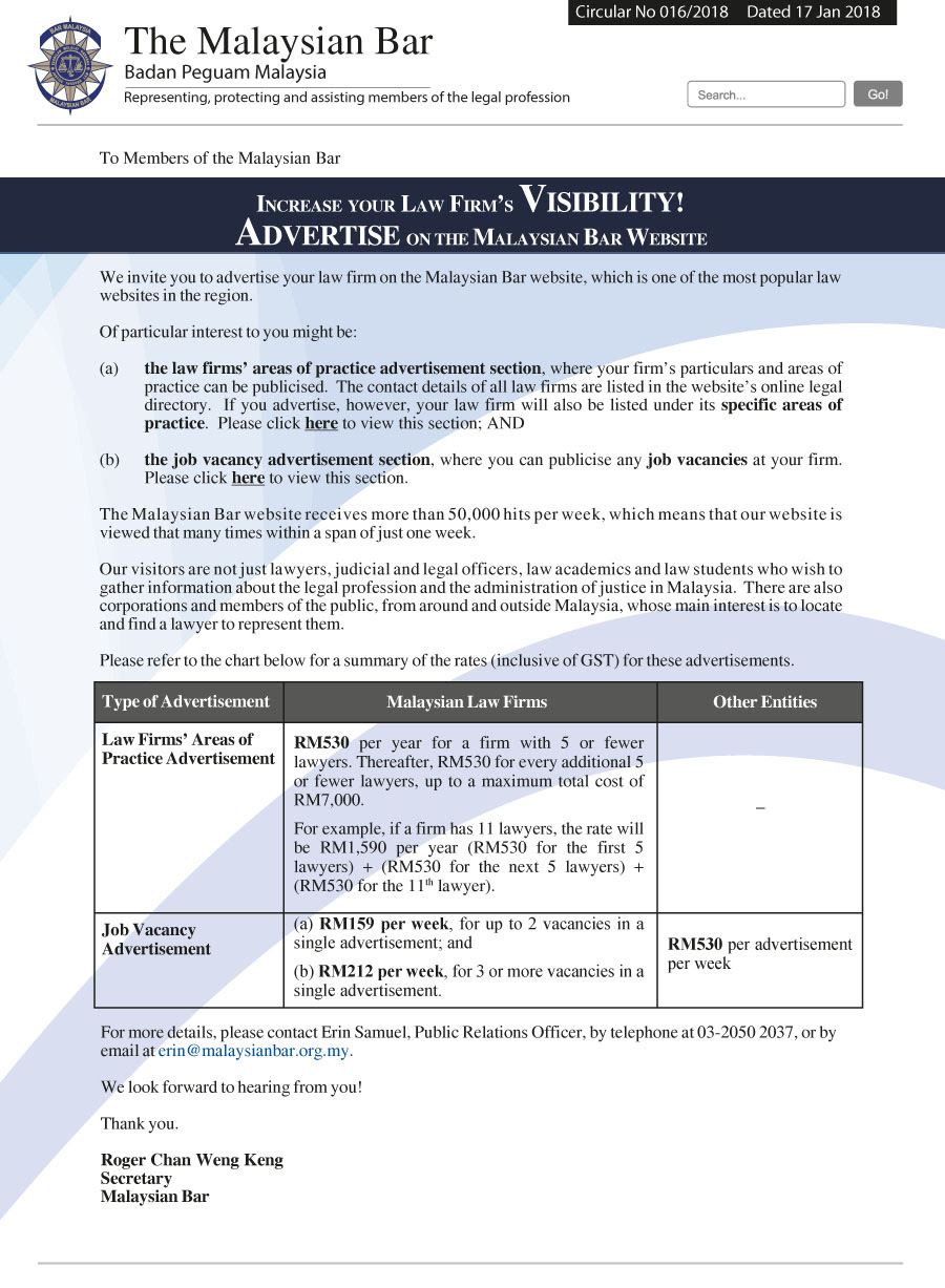 Only currently practising members of the malaysian bar who have a facebook account may join this group for. Circular No 016 2018 Increase Your Law Firm S Visibility Advertise On The Malaysian Bar Website
