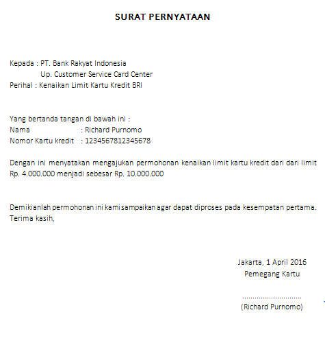 Surat Pernyataan Pelunasan Kartu Kredit Bri : Contoh Surat ...