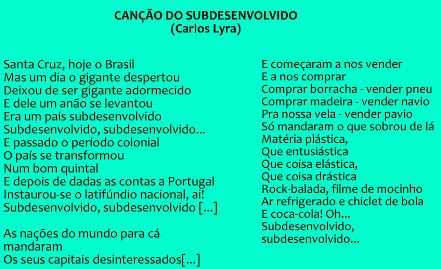 Trechos da música “canção do subdesenvolvido”, de Carlos Lyra