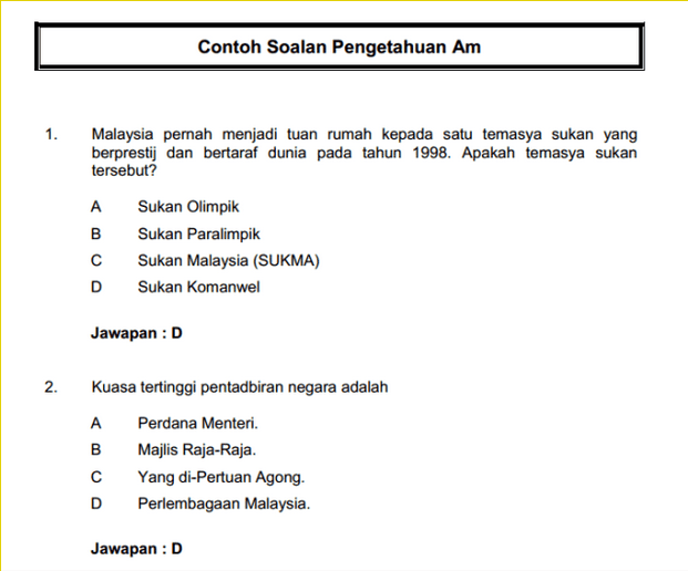 Contoh Soalan Kuiz Pengetahuan Am Sekolah Menengah 