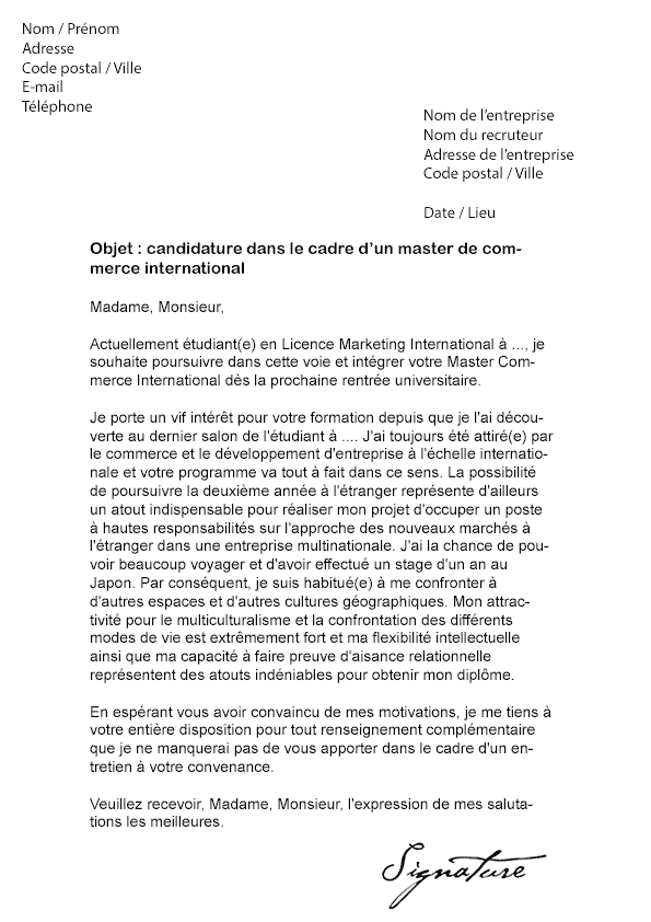 Exemple de lettre de motivation pour une licence d'économie. Lettre De Motivation Master Commerce International Modele De Lettre