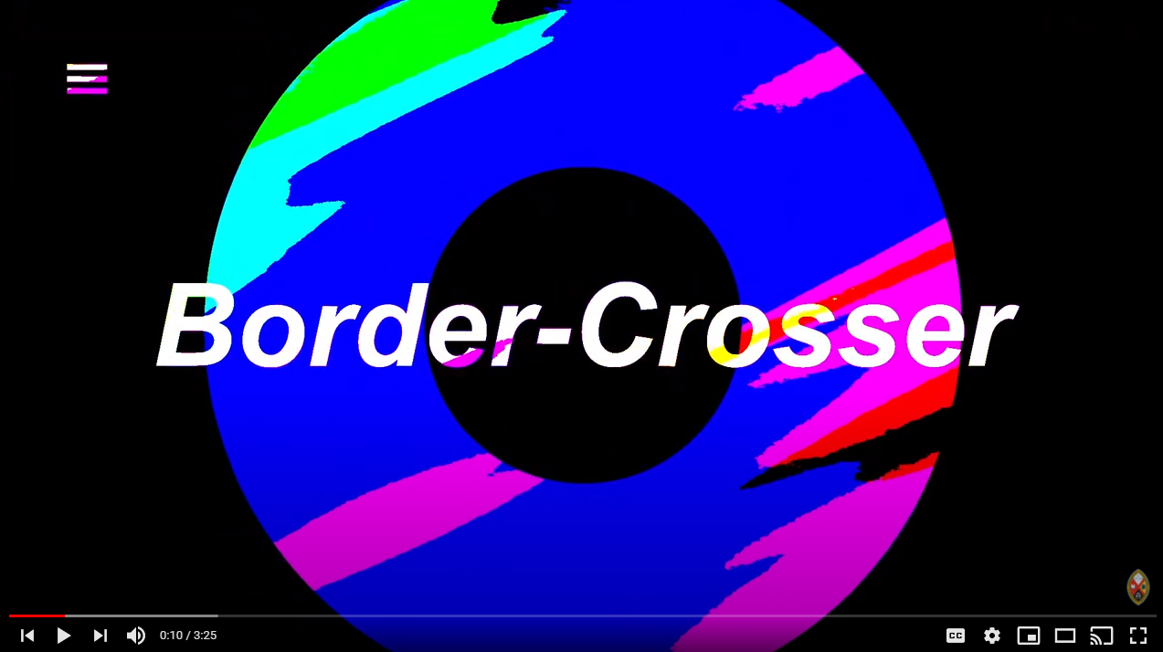 Still image from one of the Asian voices videos, showing the words "Border Crosser" in white letters over and black and multi-coloured background.