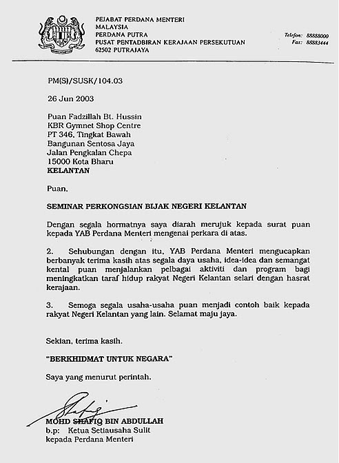 Contoh Surat Rasmi Permohonan Kunjungan Hormat Ketua Menteri