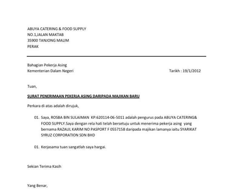 Contoh Surat Pengesahan Majikan Untuk Pekerja Asing Letter 7saudara Com