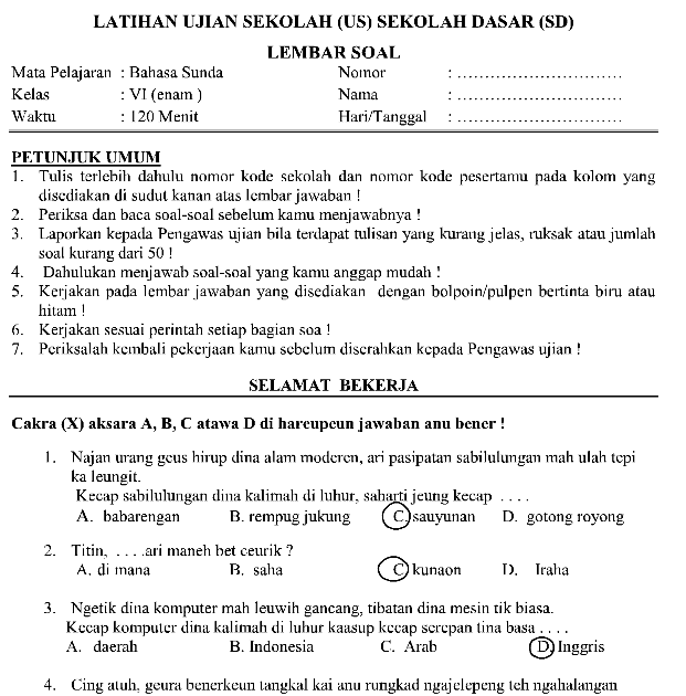  Soal  Bahasa Sunda Kelas 12 Semester 1 Dan  Kunci  Jawaban  