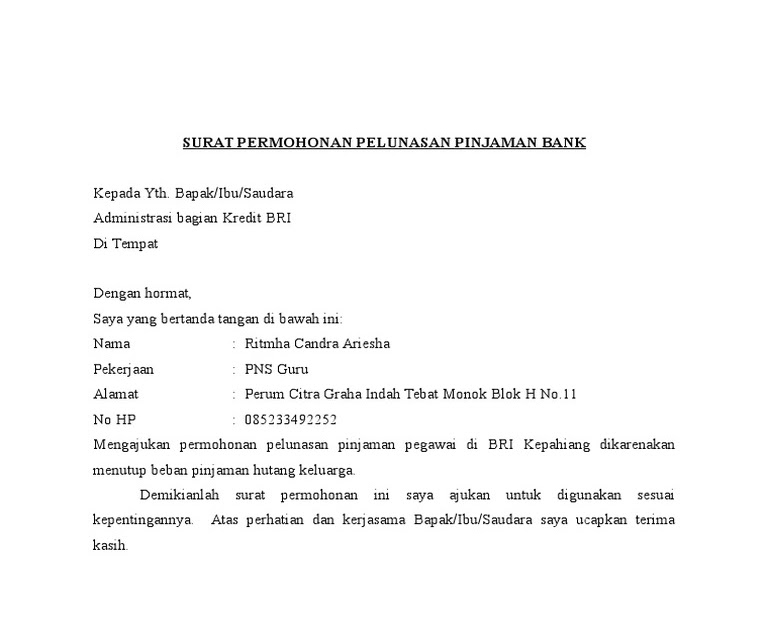 Contoh Surat Penting Surat Permohonan Pelunasan Jaman Bank