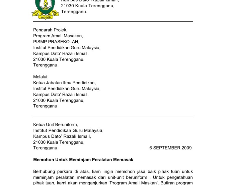 Surat Rasmi Permohonan Meminjam Peralatan Sukan - Kuora t