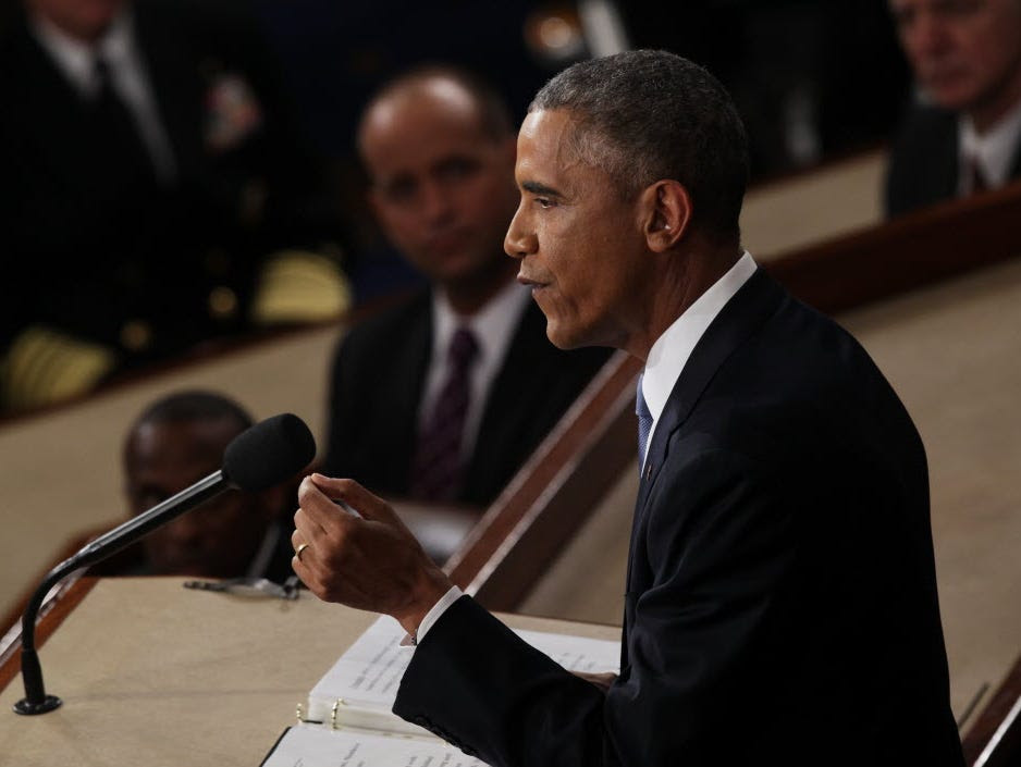 WASHINGTON, DC - JANUARY 20: U.S. President Barack Obama delivers his State of the Union speech before members of Congress in the House chamber of the U.S. Capitol January 20, 2015 in Washington, DC. Obama presented a broad agenda on income inequalit