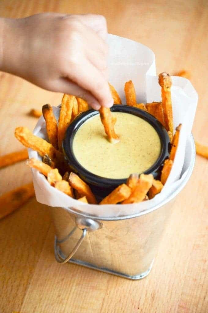 Combine cumin, chili powder, paprika, salt and pepper in a small bowl. Baked Sweet Potato Fries With Maple Mustard Dipping Sauce What The Fork