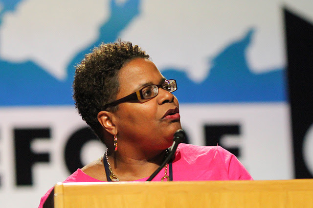 The Rev. LaTrelle Easterling, New England Conference, presents a petition from the Church and Society legislative committee at the 2016 United Methodist General Conference in Portland, Ore. File photo by Maile Bradfield, UM News.