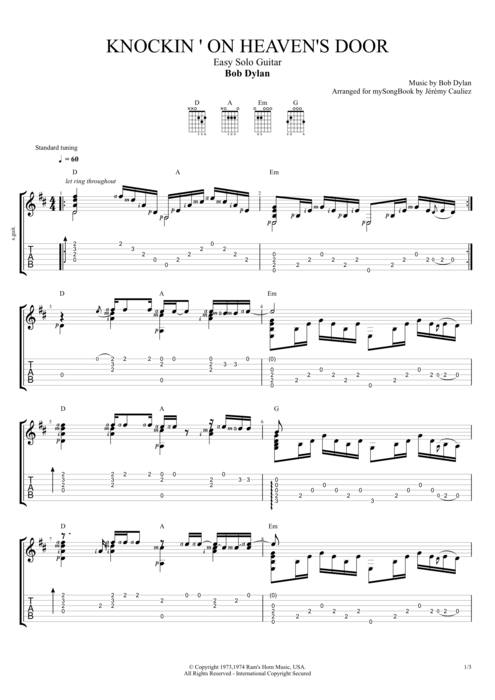 Текст песни «knockin' on heaven's door». Knockin On Heaven S Door By Bob Dylan Easy Solo Guitar Guitar Pro Tab Mysongbook Com
