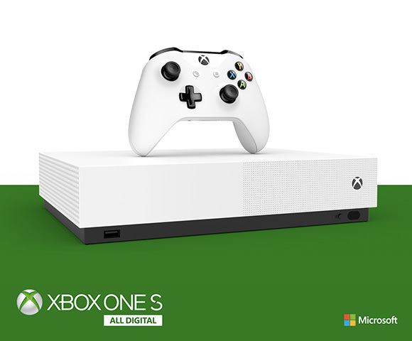 White and pristine Xbox One S console with the disc-free design produly displayed.