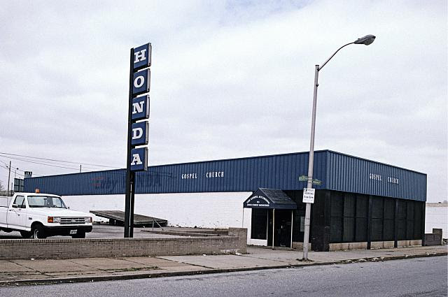 Former Honda dealership turned to Gospel Church According to Jesus Christ, East Monument Ave. at East Ave., Baltimore, 2002