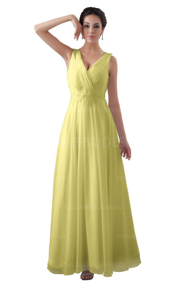  Pastel  Yellow Modern A line V neck Zipper Floor Length 