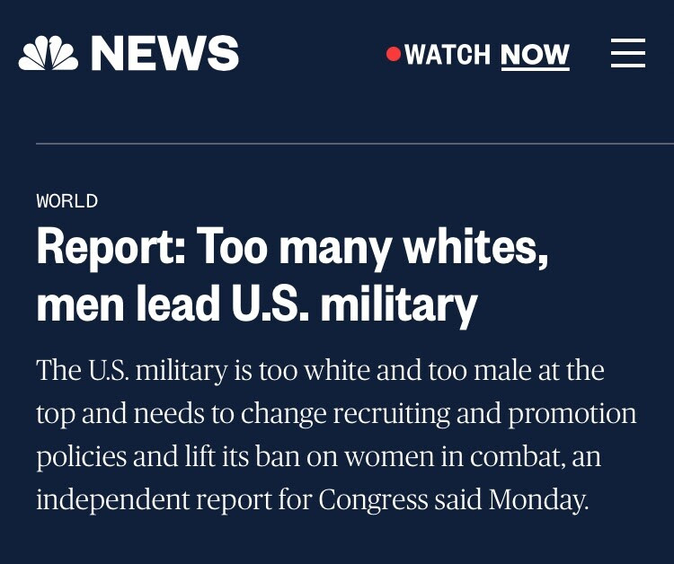 Screen shot from NBC saying the military should not be run by so many white people.